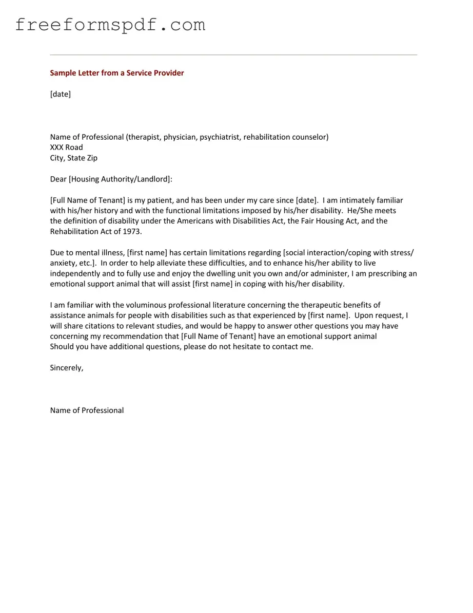 Fill in a Valid Emotional Support Animal Letter Template