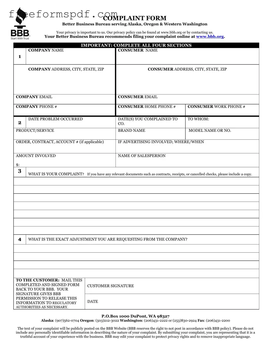 Fill in a Valid Bbb Complaint Template