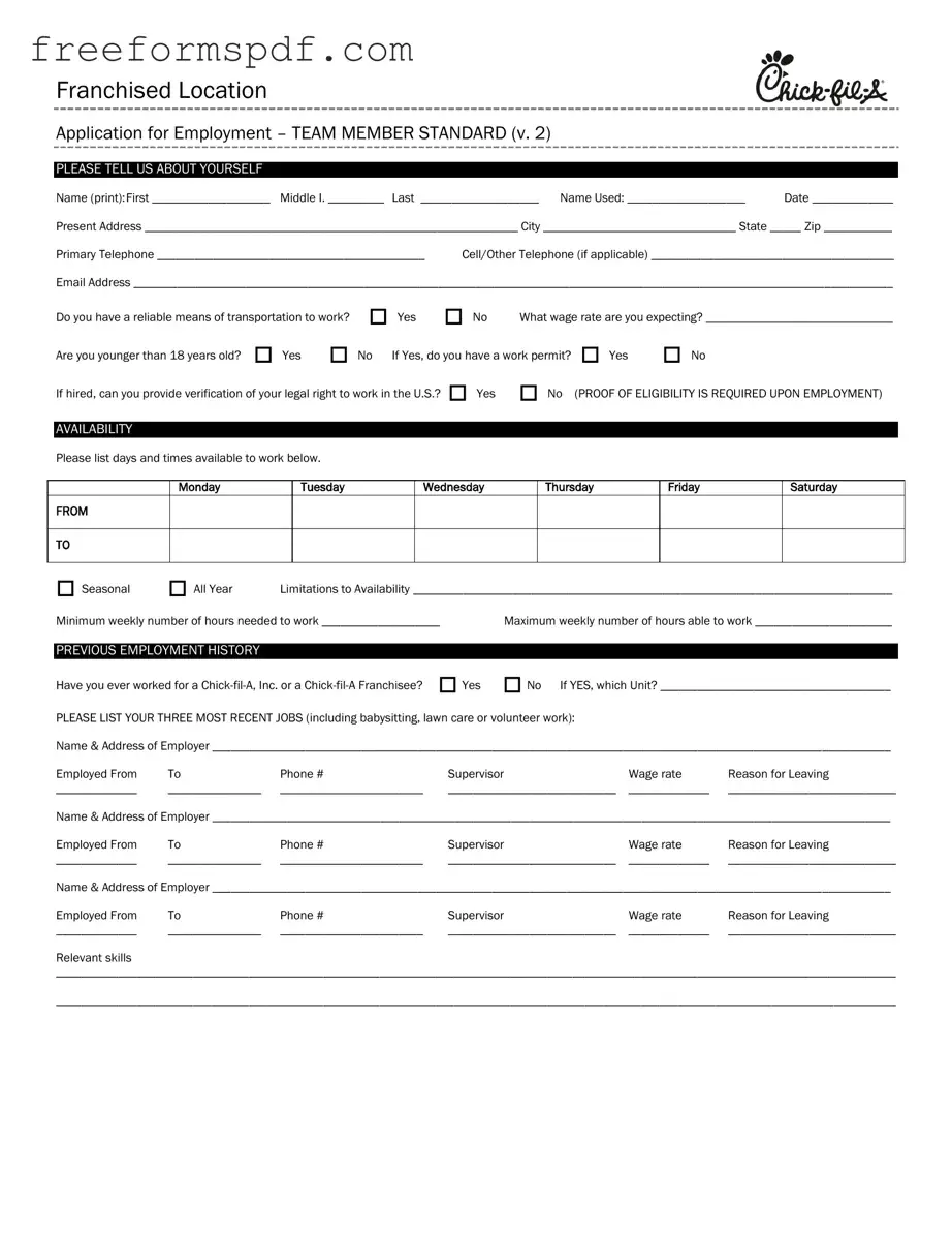 Fill in a Valid Chick Fil A Job Application Template