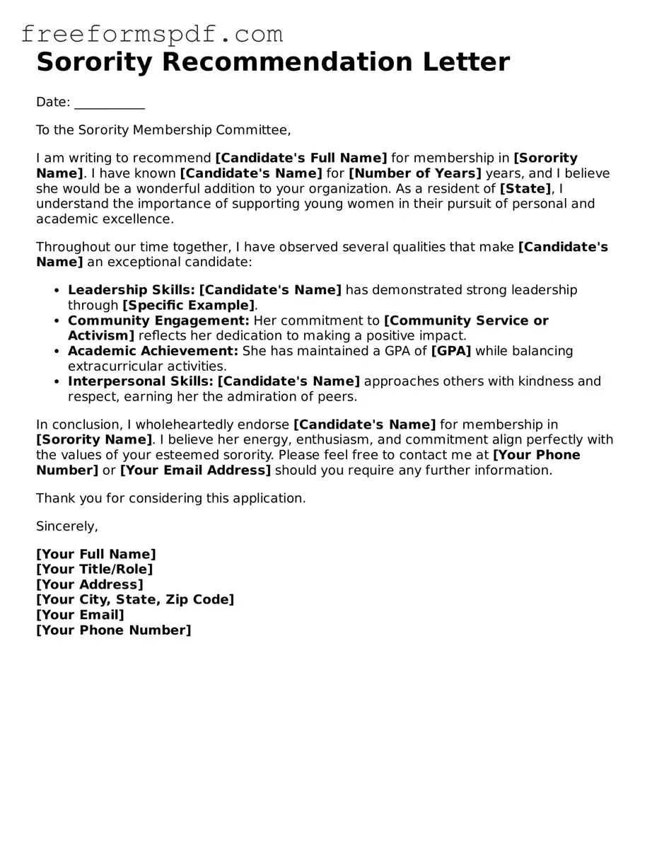 Sorority Recommendation Letter Document