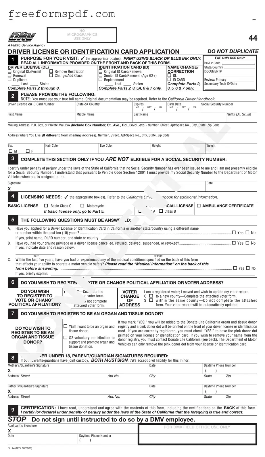 Fill in a Valid Ca Dmv Dl 44 Template