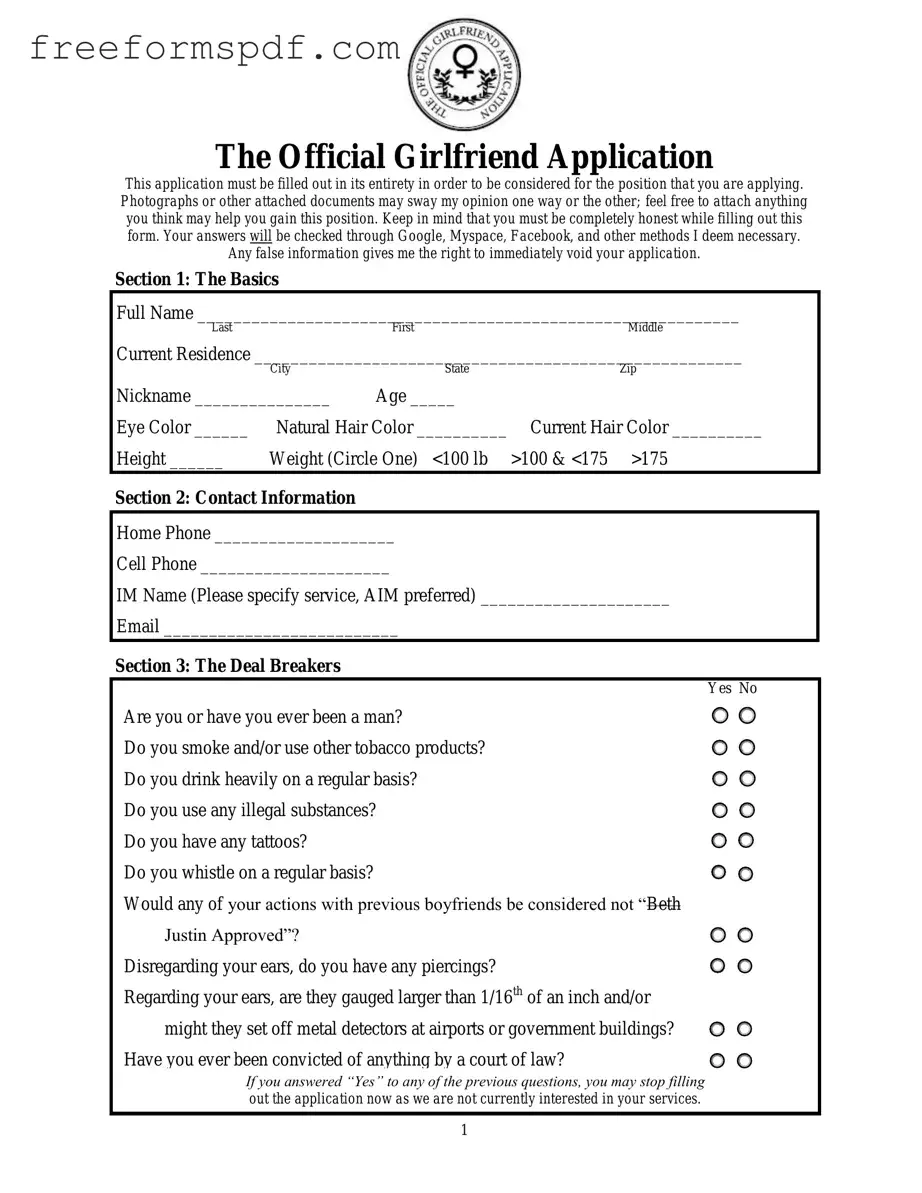 Fill in a Valid Girlfriend Application Template