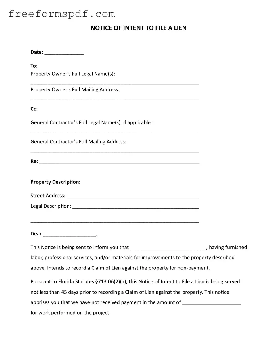 Fill in a Valid Intent To Lien Florida Template