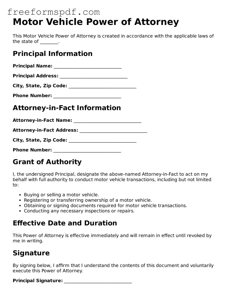 Motor Vehicle Power of Attorney Document