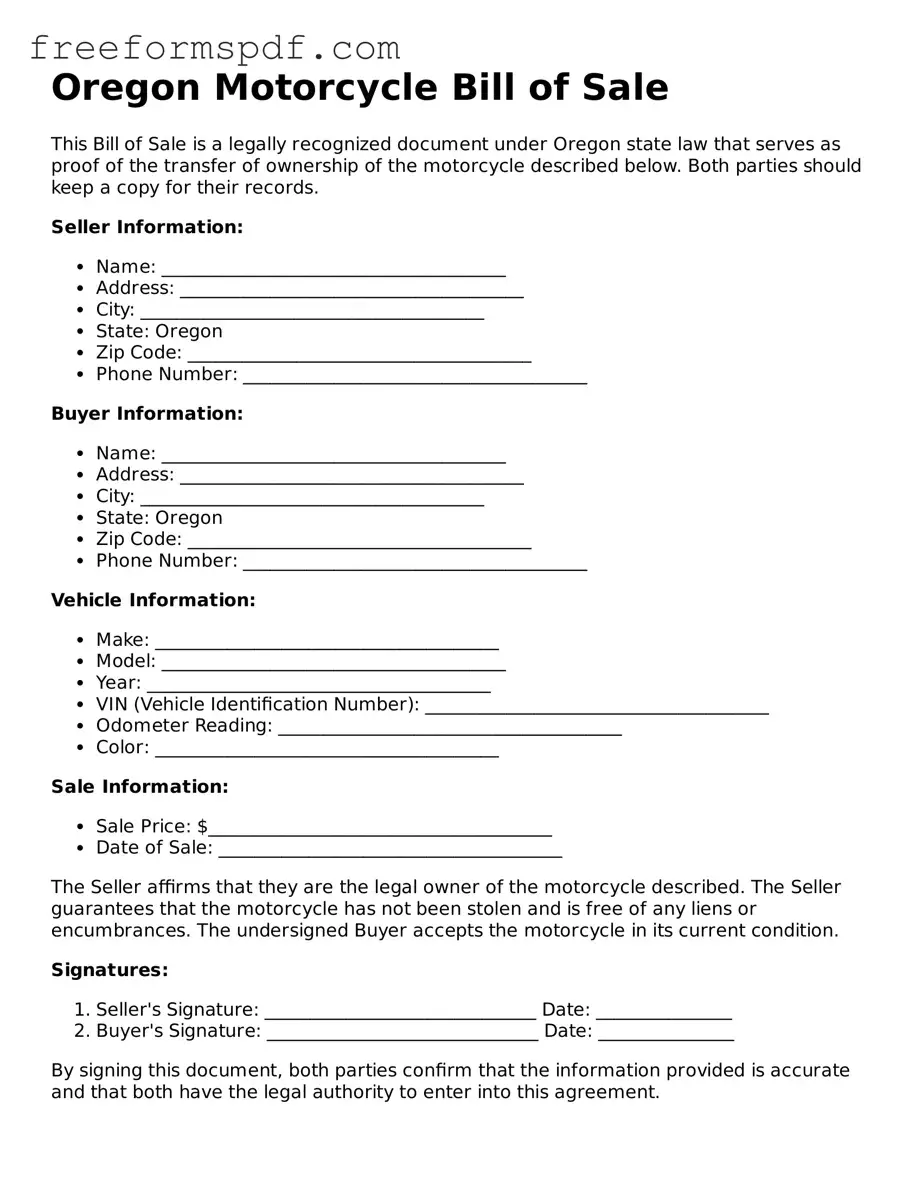 Attorney-Verified Motorcycle Bill of Sale Document for Oregon State