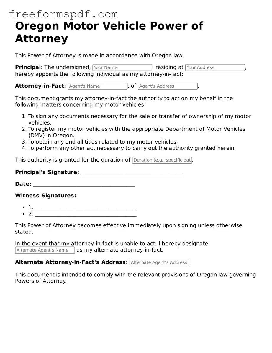 Attorney-Verified Motor Vehicle Power of Attorney Document for Oregon State