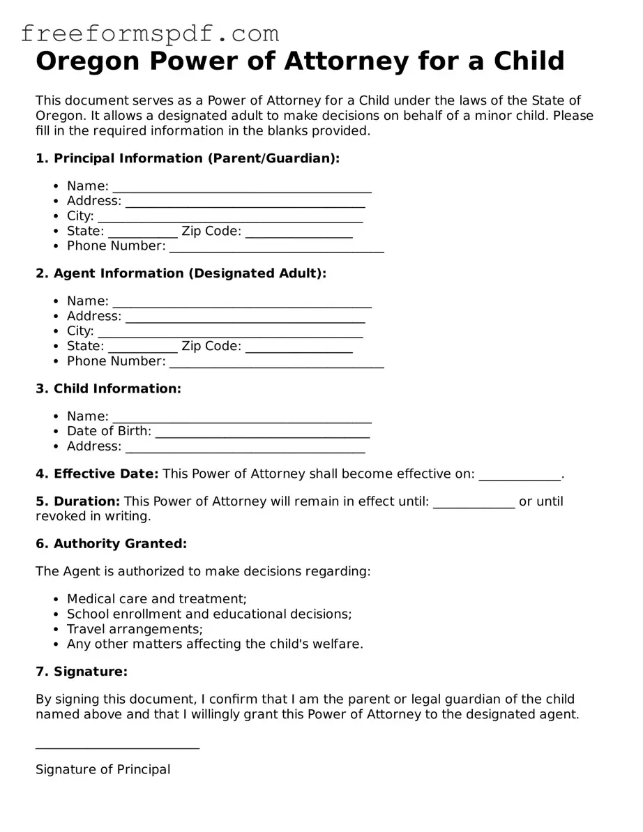 Attorney-Verified Power of Attorney for a Child Document for Oregon State
