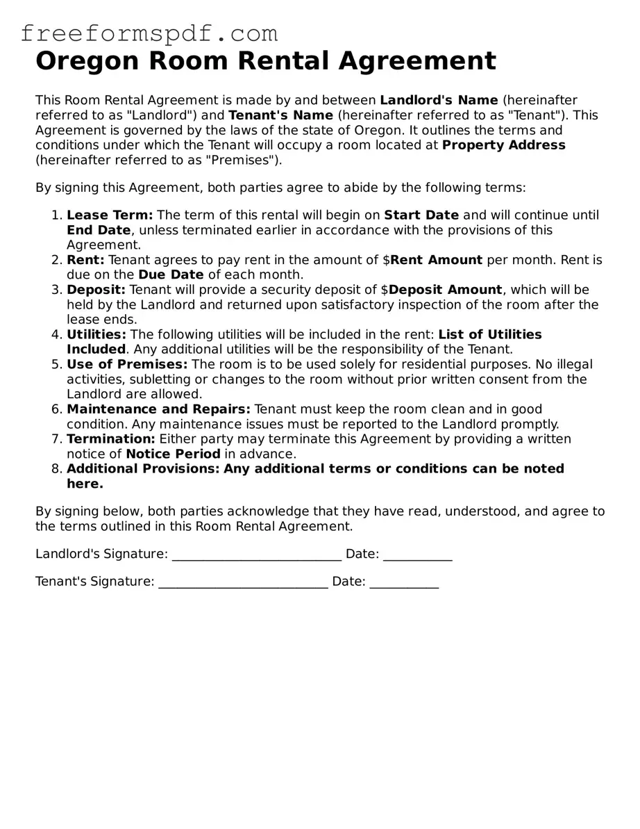 Attorney-Verified Room Rental Agreement Document for Oregon State