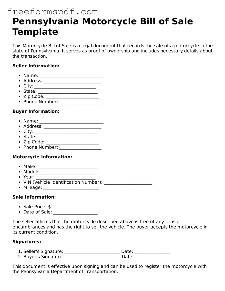Attorney-Verified Motorcycle Bill of Sale Document for Pennsylvania State