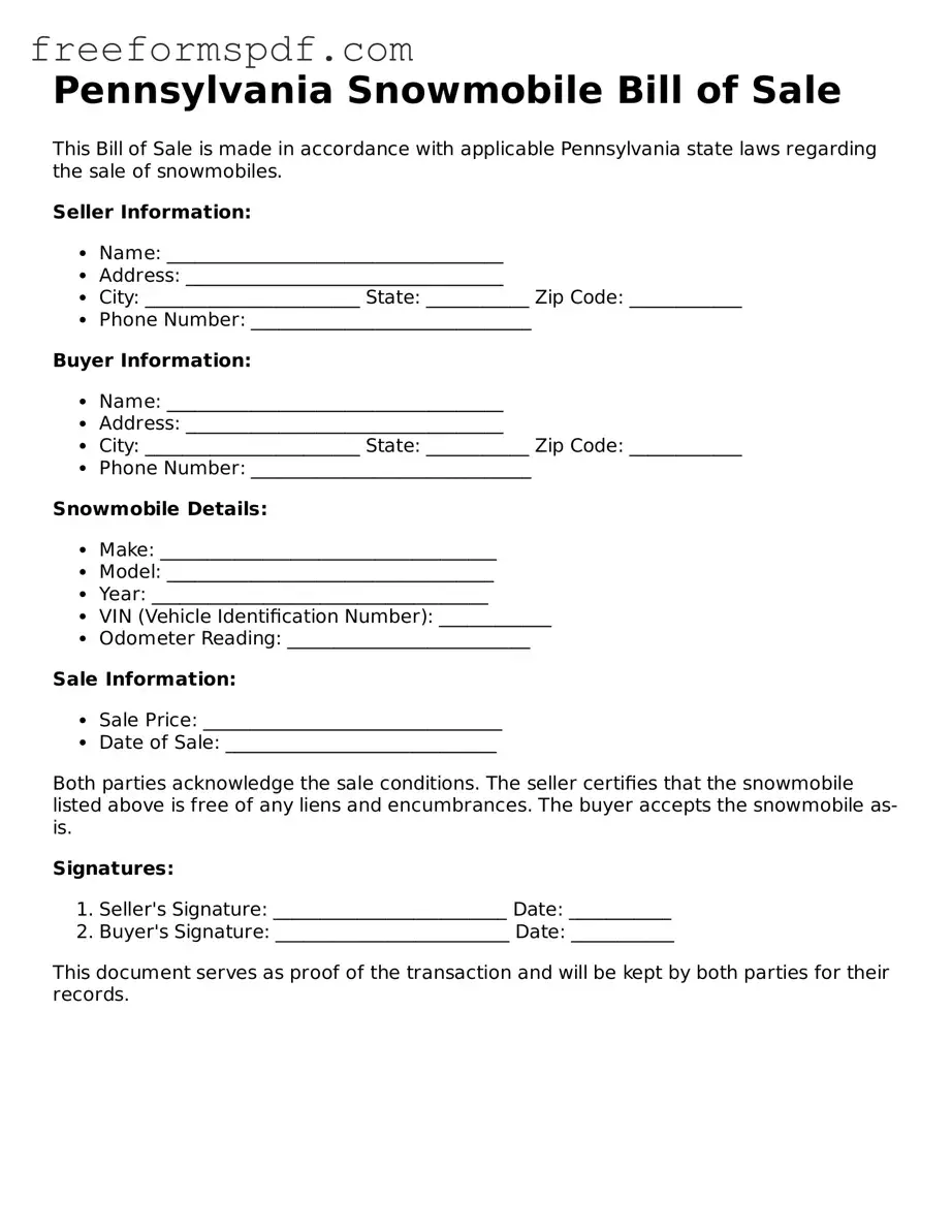 Attorney-Verified Snowmobile Bill of Sale Document for Pennsylvania State