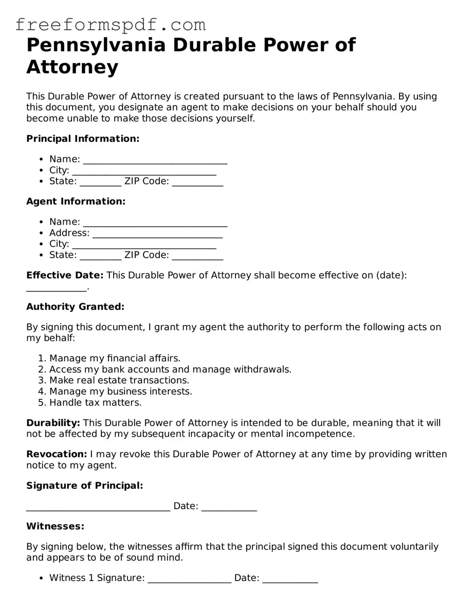 Attorney-Verified Durable Power of Attorney Document for Pennsylvania State