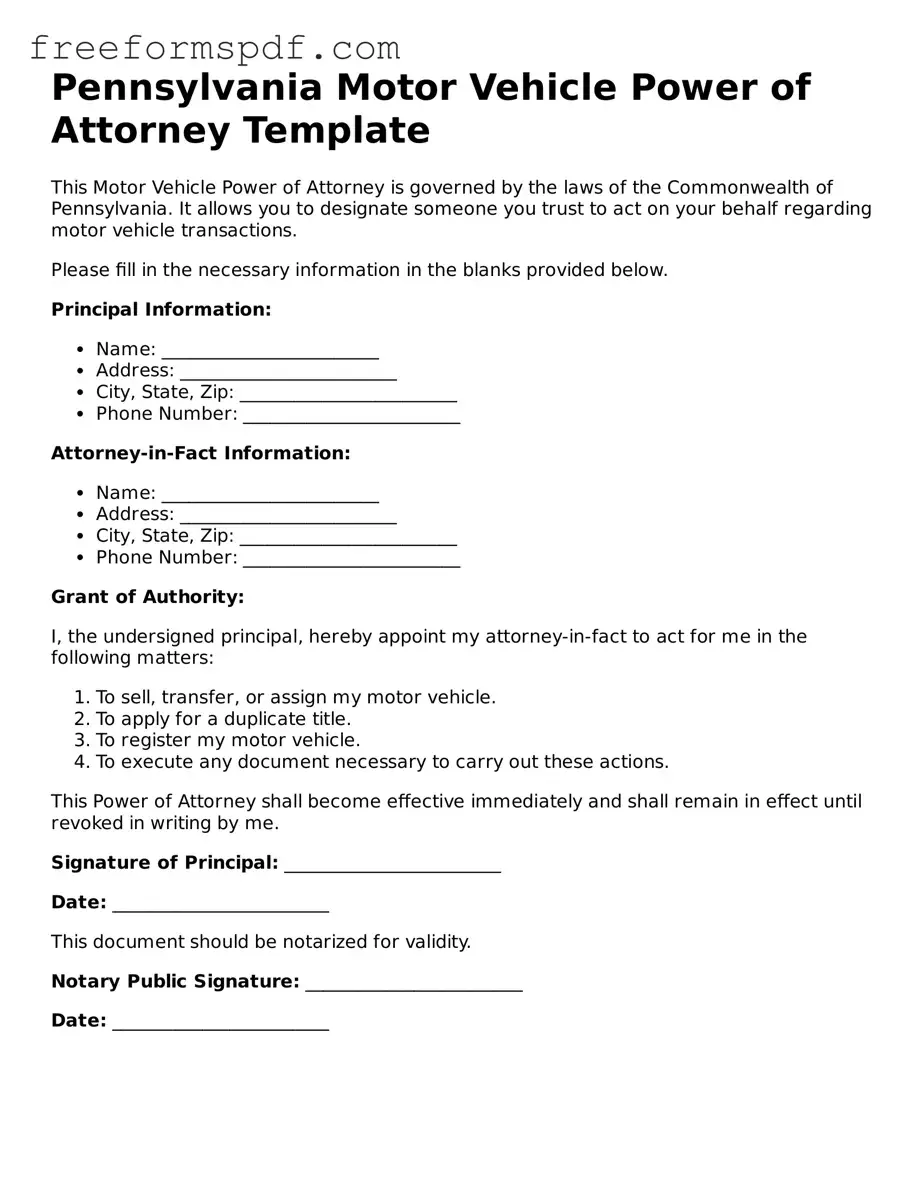 Attorney-Verified Motor Vehicle Power of Attorney Document for Pennsylvania State