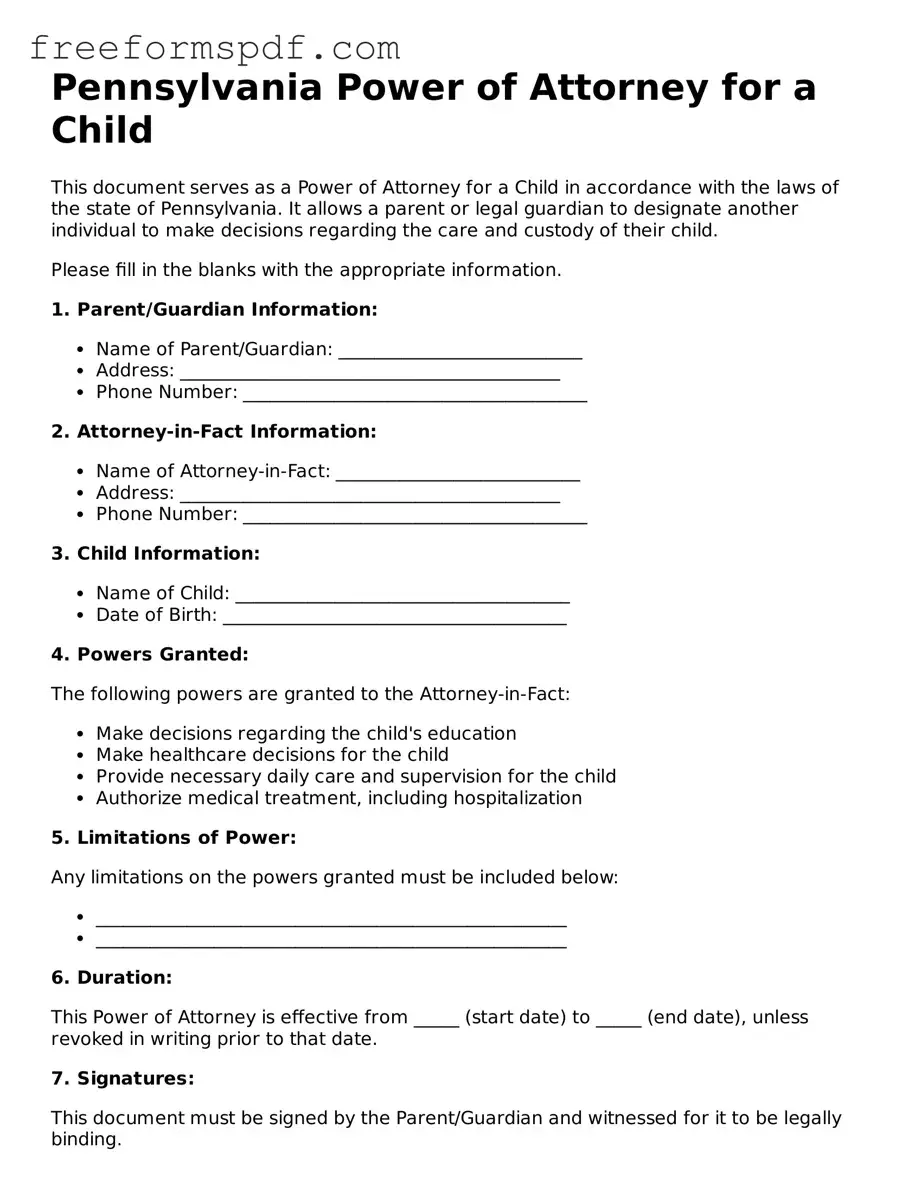 Attorney-Verified Power of Attorney for a Child Document for Pennsylvania State