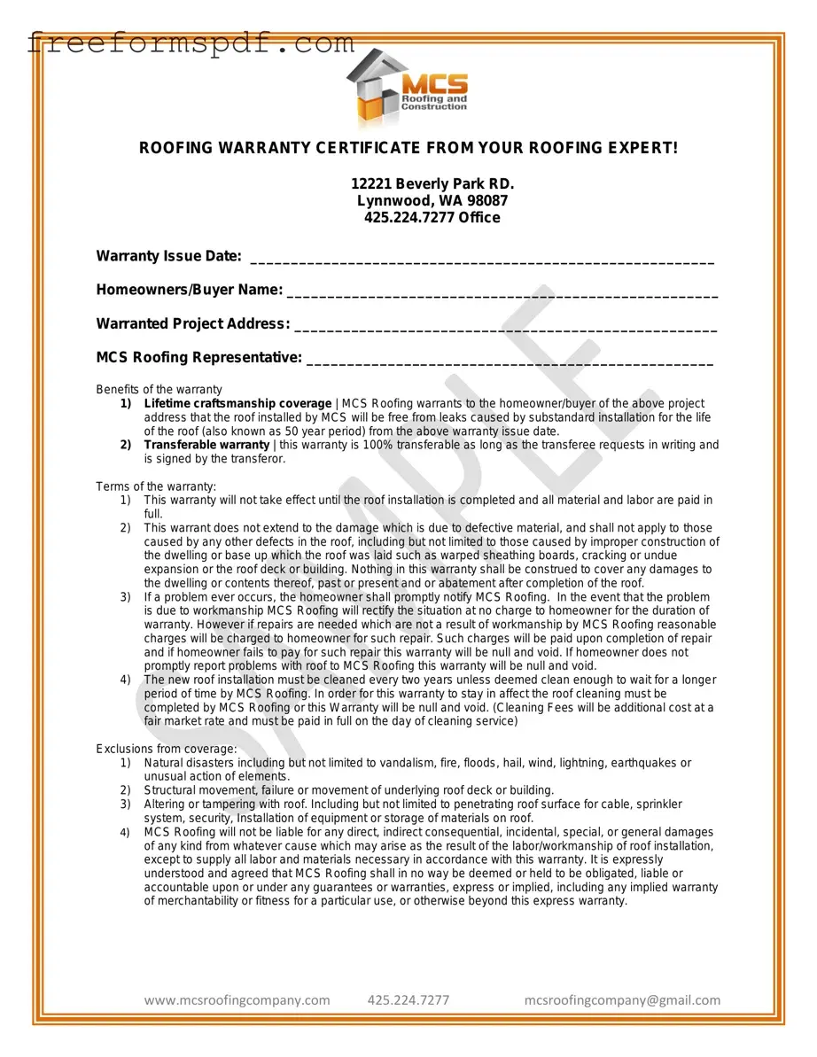 Fill in a Valid Roofing Warranty Certificate Template