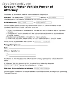 Attorney-Verified Motor Vehicle Power of Attorney Document for Oregon State