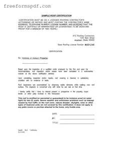 Fill in a Valid Sample Roof Certification Template