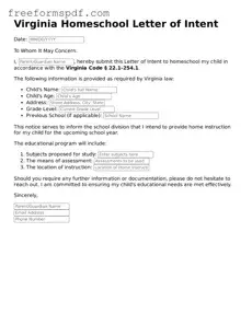Attorney-Verified Homeschool Letter of Intent Document for Virginia State