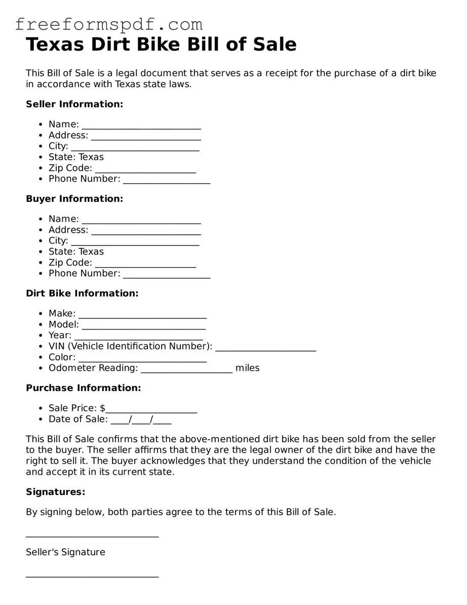 Attorney-Verified Dirt Bike Bill of Sale Document for Texas State
