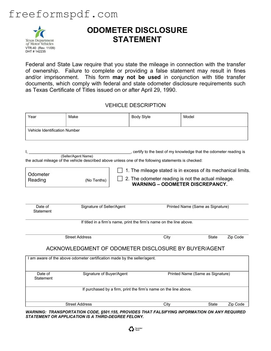 Fill in a Valid Texas Odometer Statement Template