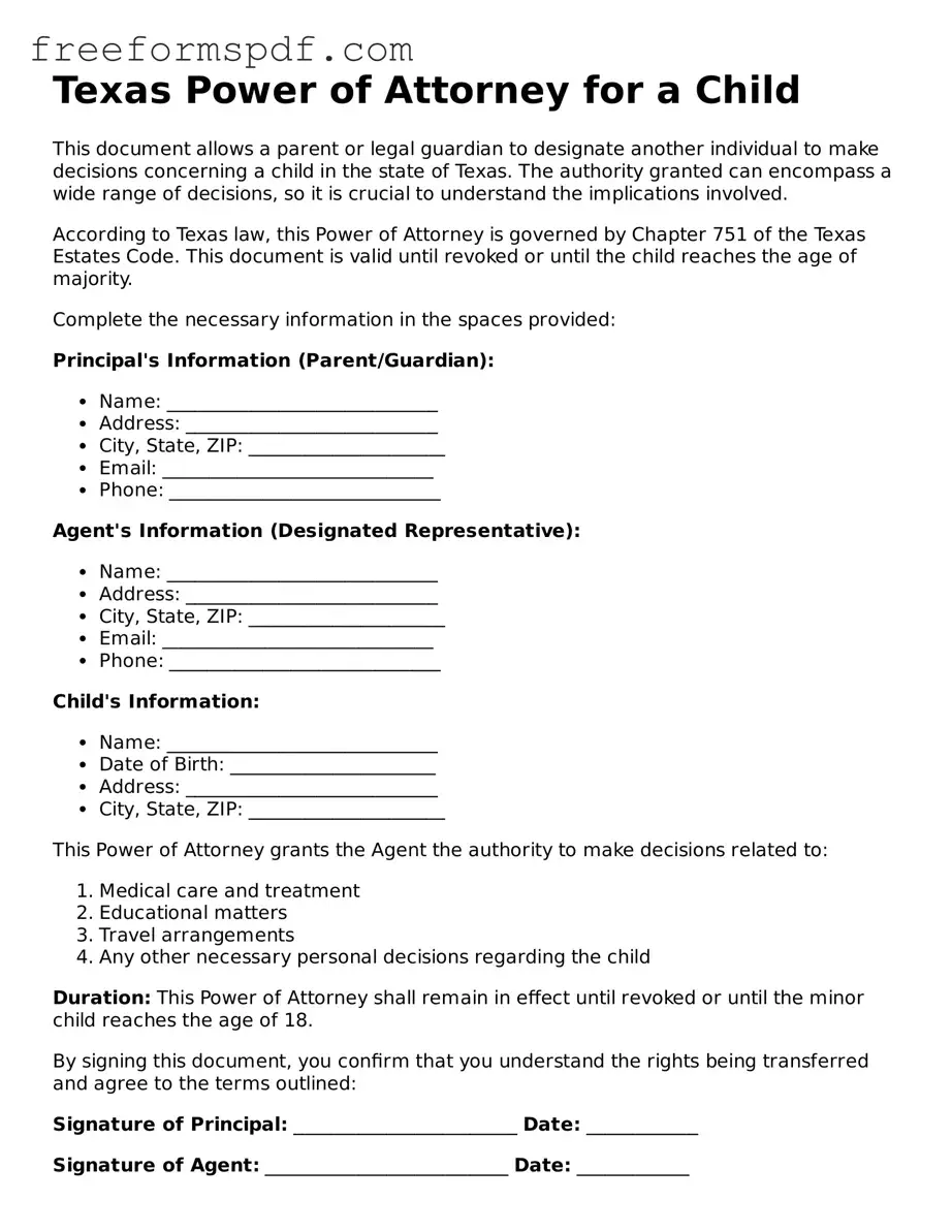 Attorney-Verified Power of Attorney for a Child Document for Texas State