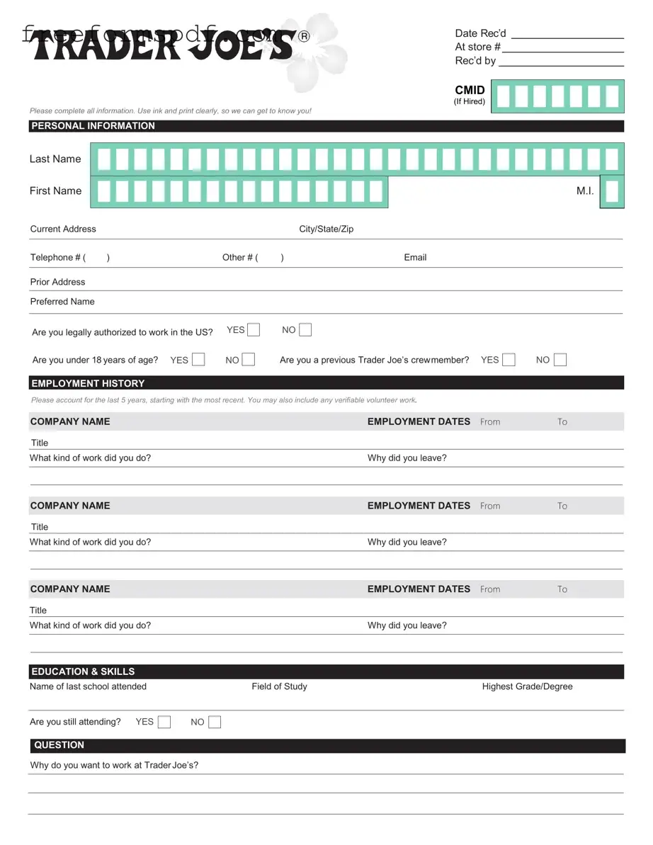 Fill in a Valid Trader Joe's application Template