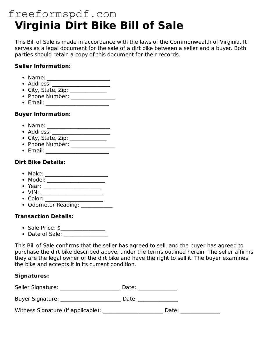 Attorney-Verified Dirt Bike Bill of Sale Document for Virginia State