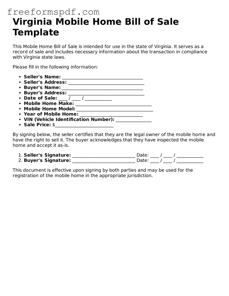 Attorney-Verified Mobile Home Bill of Sale Document for Virginia State