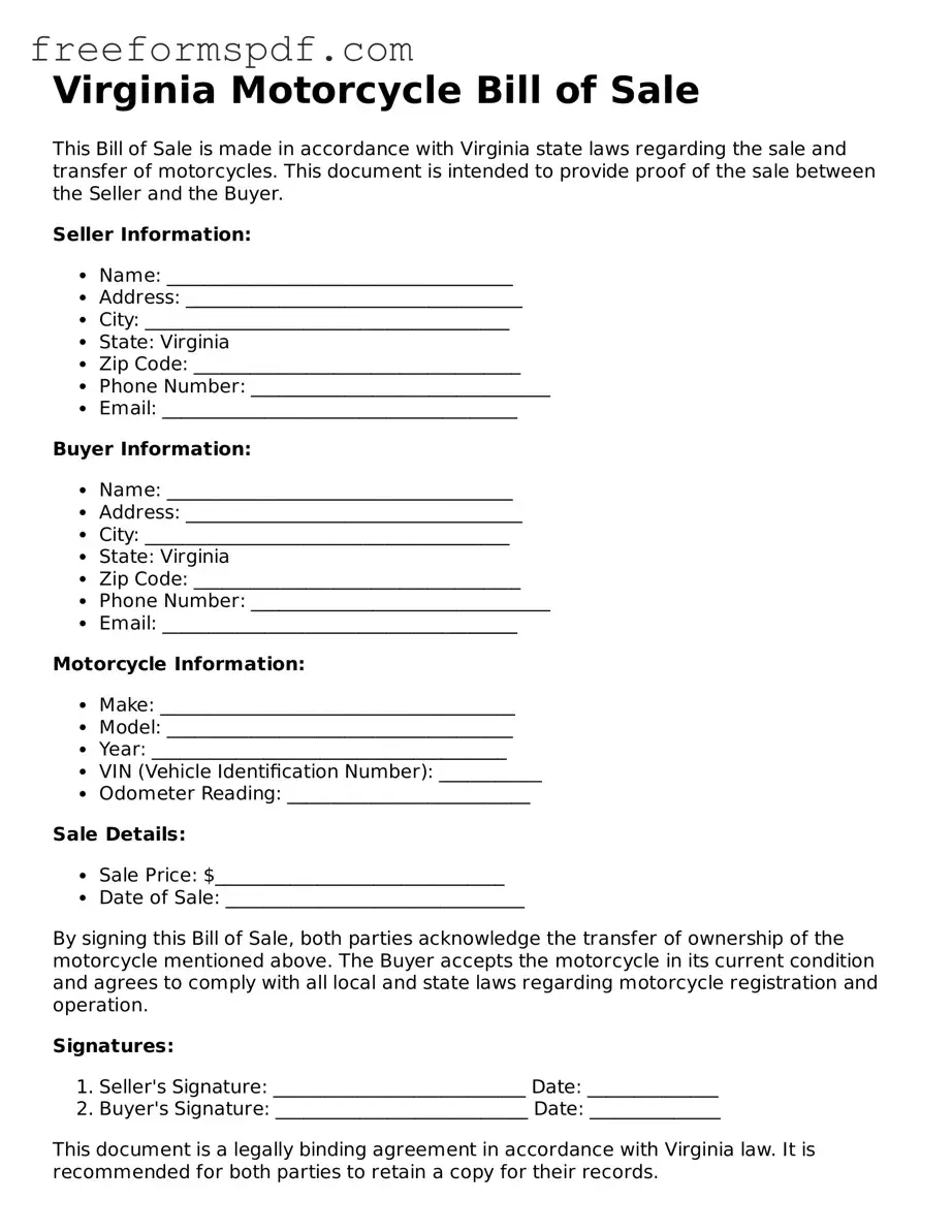 Attorney-Verified Motorcycle Bill of Sale Document for Virginia State