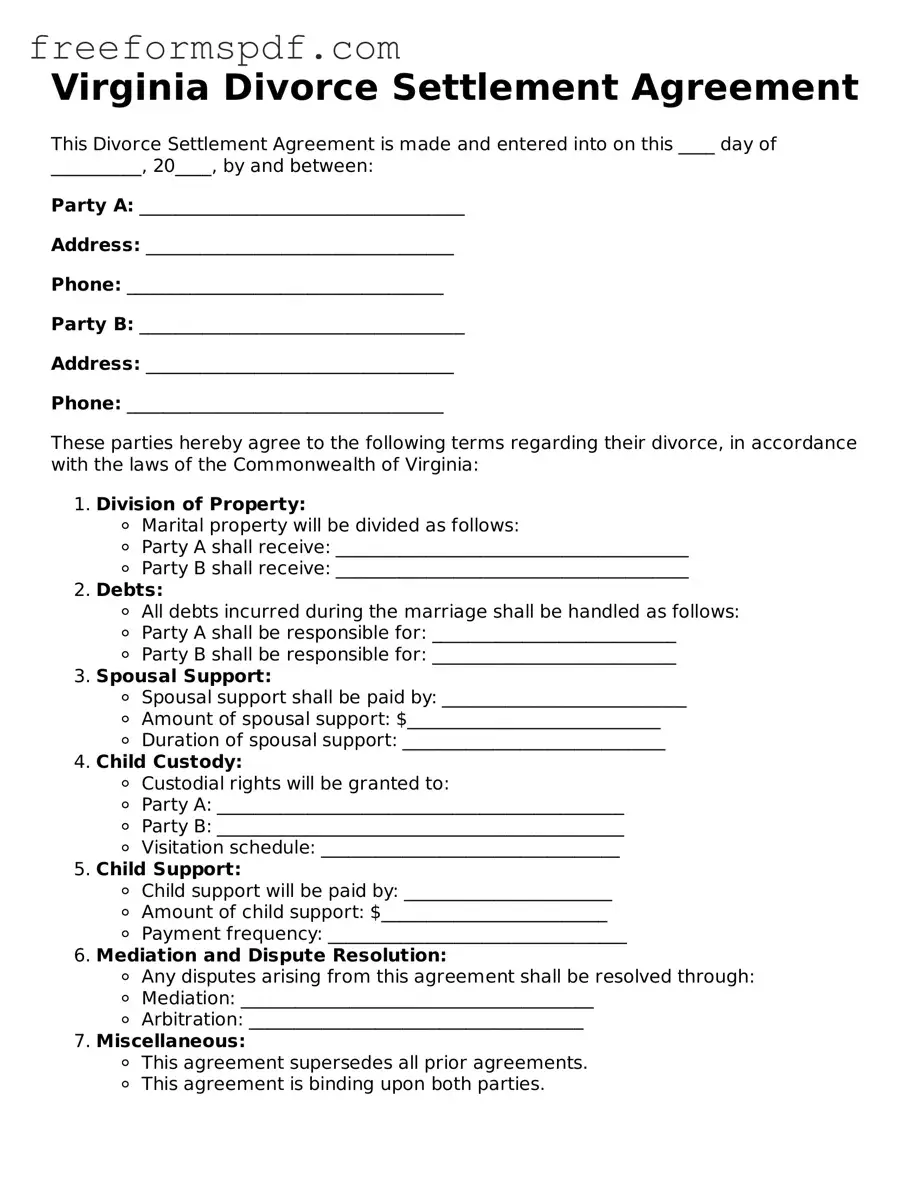 Attorney-Verified Divorce Settlement Agreement Document for Virginia State