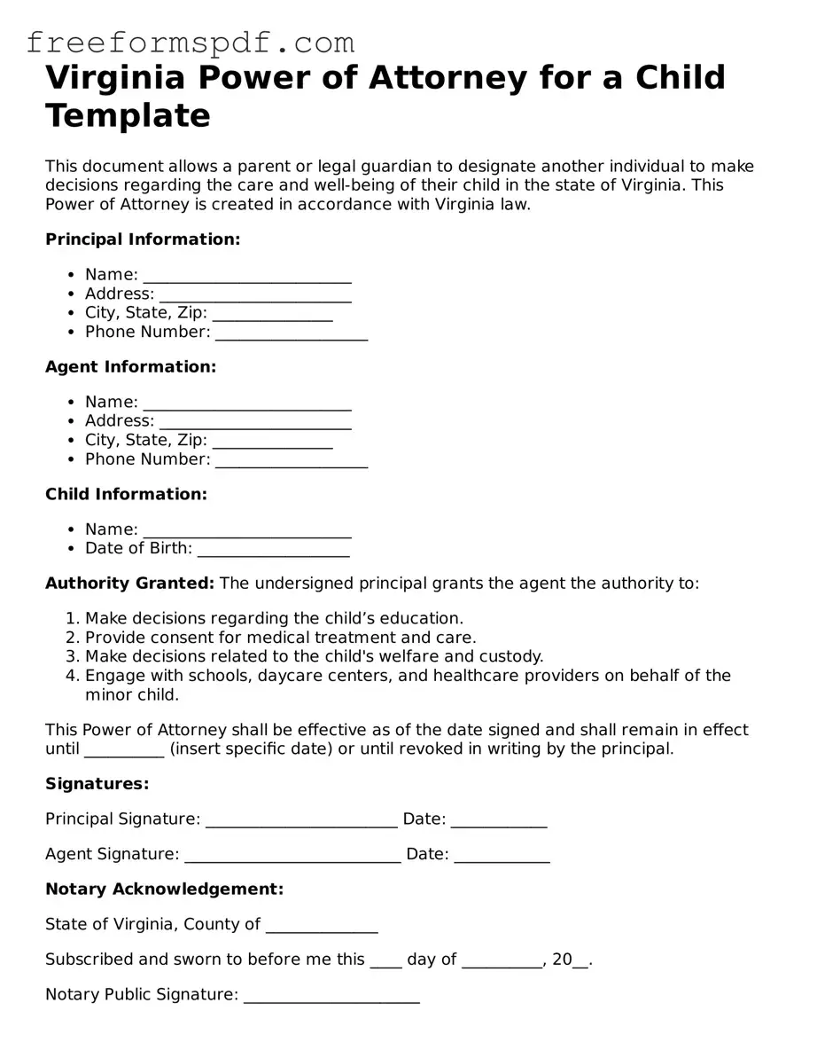 Attorney-Verified Power of Attorney for a Child Document for Virginia State