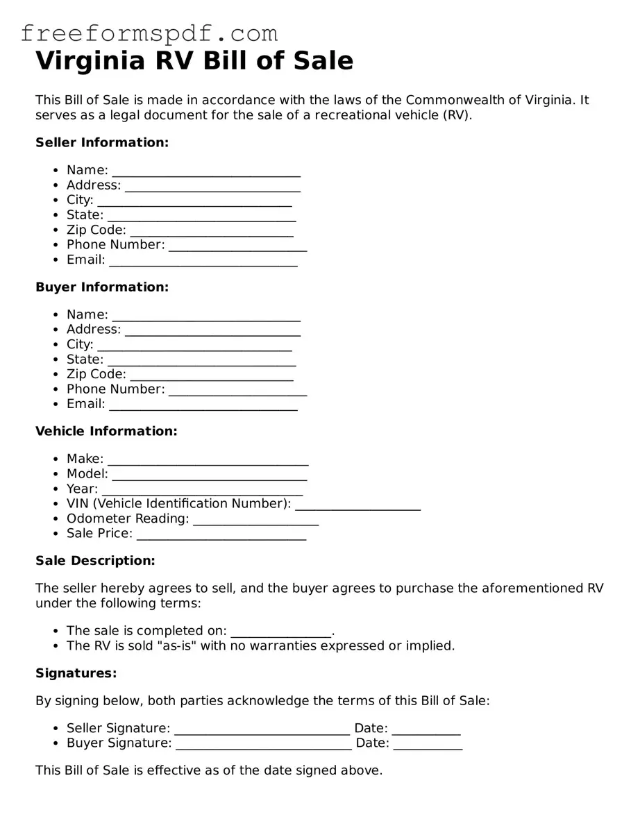 Attorney-Verified RV Bill of Sale Document for Virginia State